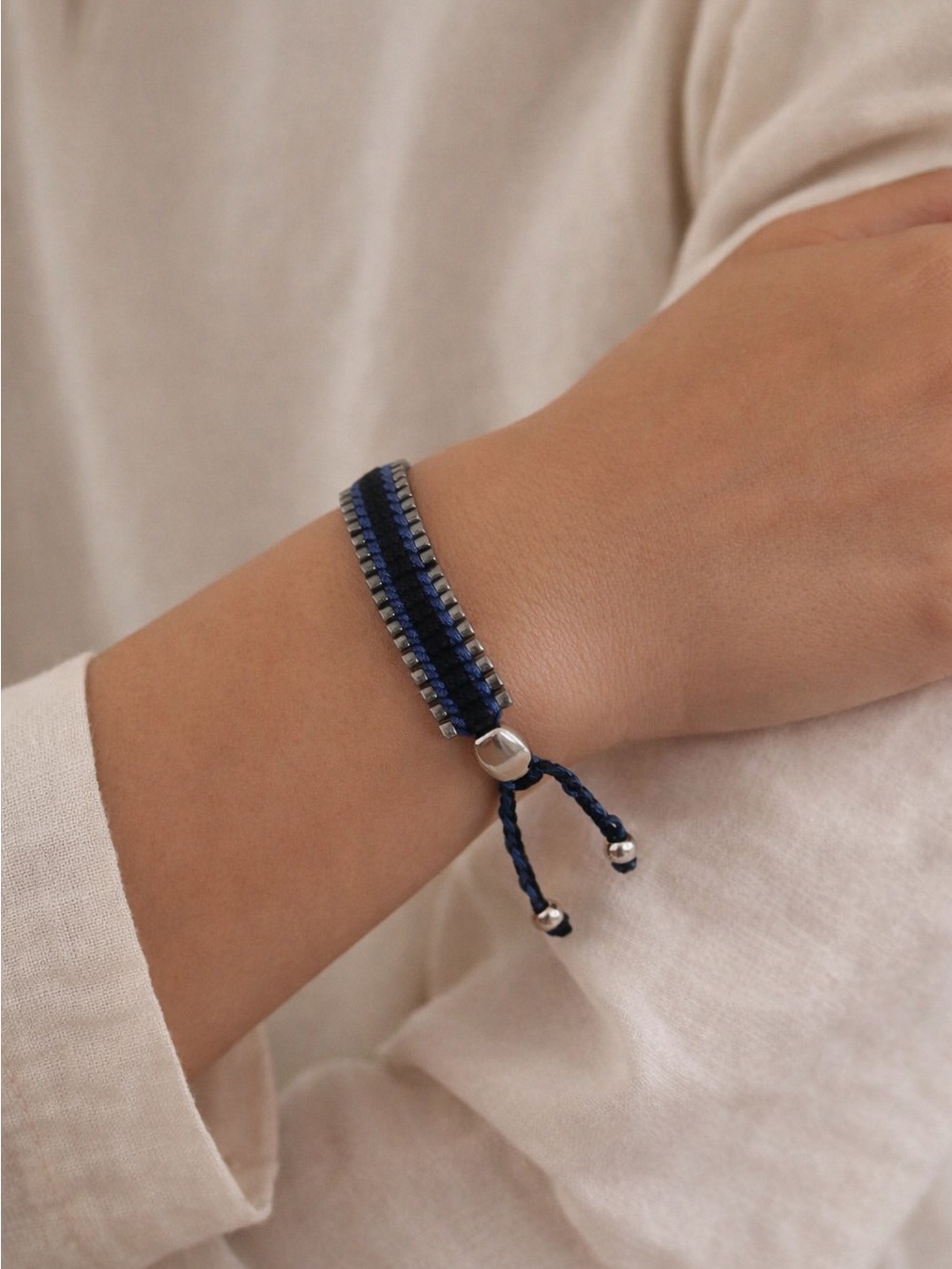 Silver‑Tone Beaded Bracelet – Adjustable Cord